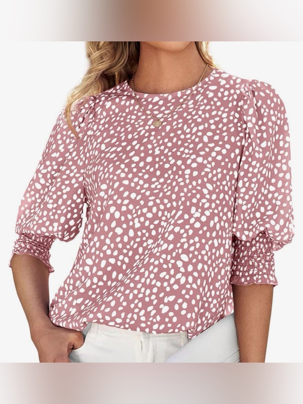 Women's Pink/White Polka Dot Puff Sleeve Blouse Smocked Cuffs Sz M Woven